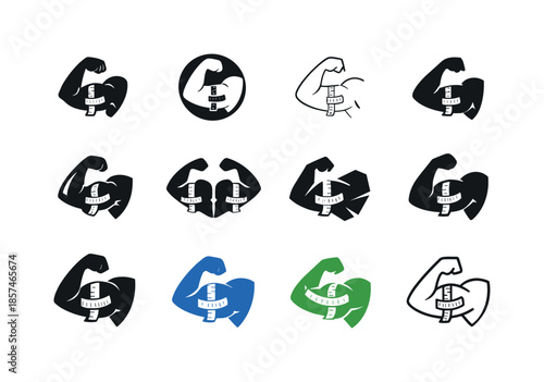Fitness Icons Grid. Fitness assessments and body measurements. Icon set. Set Logo of fitness assessments and body measurements: muscle measurement marker.