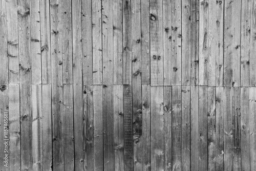 Monochrome image, pine wood boards fixed with visible screws on the side of a barn, image for background.