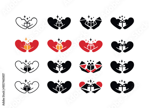 Gift Exchange Icons. happy couple exchanging thoughtful gifts. Icon set. Set Logo of happy couple exchanging thoughtful gifts: two hearts exchanging sparkle