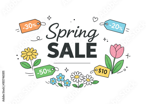 Spring Sale Blooming. Spring sale poster. A clean poster layout with blooming flowers and simple price tags gently floating around. Light, fresh mood of
