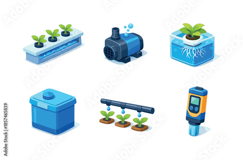 Hydroponic Systems Icons. Hydroponic systems. Isometric flat vector icons set of hydroponic systems: nutrient film channel, water circulation pump, plant roots