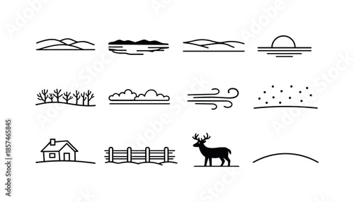 Winter Horizon Icons. Winter horizon scenes. Line icon set of winter horizon scenes: distant hills, frozen lake silhouette, snowy field, winter sun low, bare