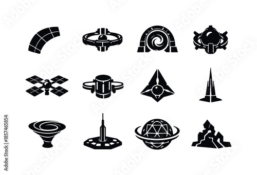 Cosmic Megastructure Icons. Alien megastructures. Solid icon set of cosmic engineering wonders: dyson sphere segment, orbital ring hub, stargate