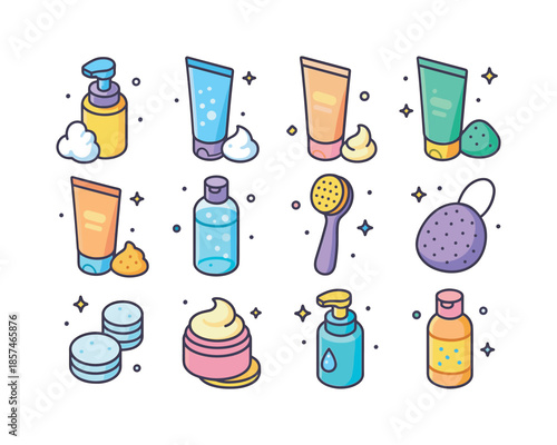 Colorful Skincare Icons. Skincare cleansing. Colorful isometric vector icons set of skincare cleansing: cleansing foam, gel cleanser, cream cleanser, clay