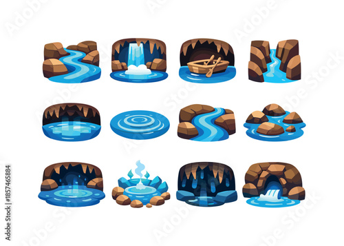 Underground River Icons. Underground rivers. Colorful flat vector icons set of underground rivers: flowing water path, subterranean waterfall, cave boat icon,