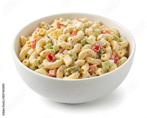 American macaroni salad, creamy pasta with uneven coating, casual picnic-style food, on a white plate with white background, suitable for food advertisement