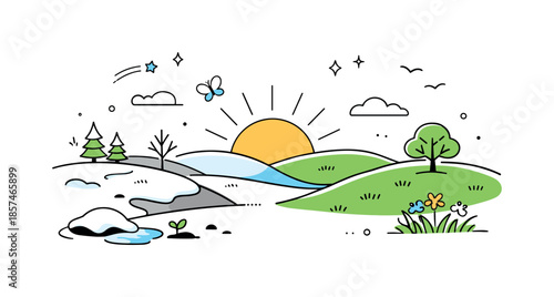 Spring Awakening Landscape. March transition landscape. Rolling hills with patches of snow turning into greenery under a rising sun. Peaceful editorial