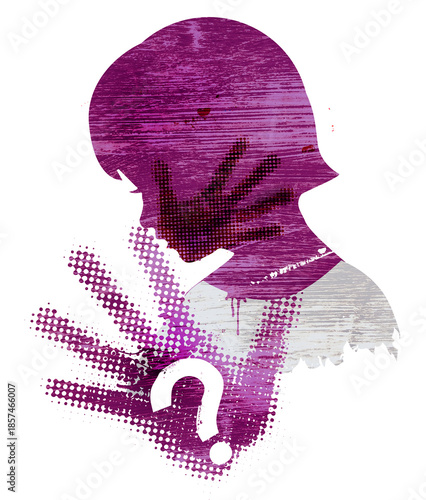 Little girl head grunge violet silhouette with with hand print after hand slap and question mark
Illustration on the white background.