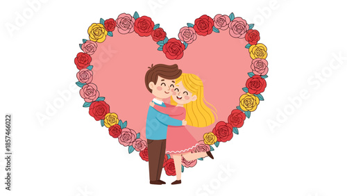Illustration of a romantic couple embracing within a heart-shaped frame adorned with roses and heart patterns on a pink background.