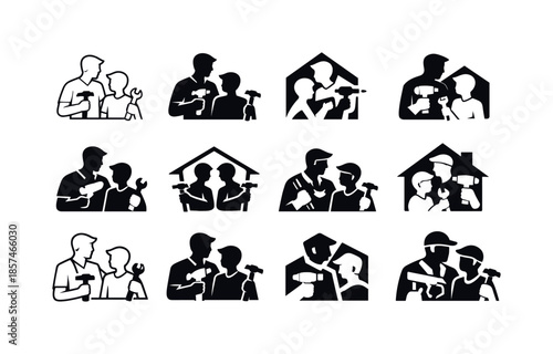 Father-Son DIY Logos. A father and son working together on a home improvement project. Icon set. Set Logo of A father and son working together on a home