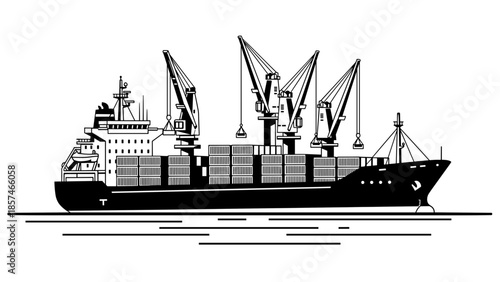 Container Ship with Cranes at Sea.