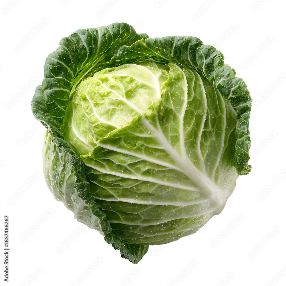 Fototapeta premium Fresh green cabbage isolated on a white background showing a whole head with natural leaves, suitable for healthy food, salad, and vegetarian nutrition