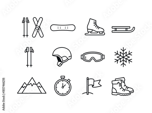 Winter Sports Icons. Winter sports. Line icon set of winter sports: skis, snowboard, ice skate, sled, ski poles, helmet, goggles, snowflake, mountain peak,