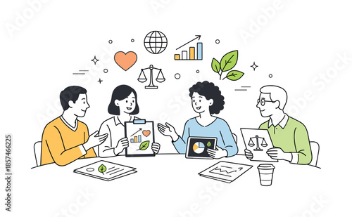 Teamwork for Sustainability. Sustainable development and ESG. Team discussing environmental and social goals around simple charts and leaf icons,