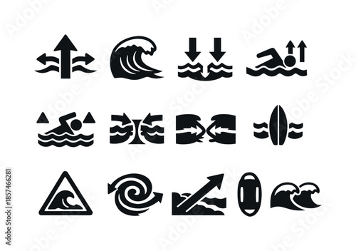 Riptide Safety Icons. Riptides. Solid icon set of riptides: strong current arrow, breaking wave, undertow symbol, swimmer warning icon, ocean pull vector, rip