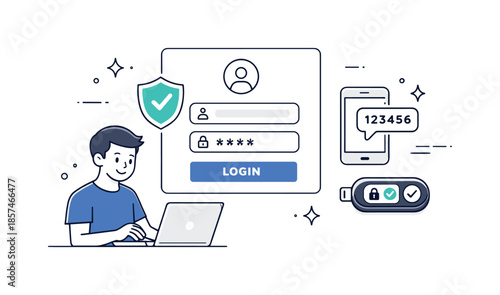 Secure Access Authentication. Secure authentication. User logging in with password and two-factor authentication icons, emphasizing safe access. Clean and