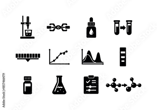 Analytical Chemistry Icons. Analytical chemistry. Solid icon set of Analytical chemistry: titration setup, burette clamp, indicator bottle, color change icon,