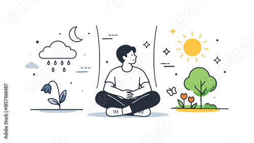 Reflective Transition Moment. Emotional transition. A person pausing between two simple environments, suggesting reflection and a gentle shift in mood. Calm