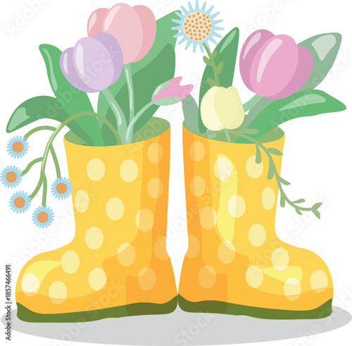 Spring illustration of yellow rubber boots filled with flowers. Cute floral design for greeting cards, posters,invitations, seasonal decor, gardening themes and spring projects.