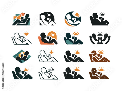 Daily Work Logo Variations. Daily work routine scenes. Icon set. Set Logo of Daily work routine scenes: taking a short break. harmonious logo variations of the