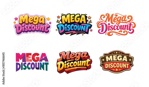 Mega Discount Lettering. Mega Discount. Set lettering. harmonious lettering variations of the same emblematic concept, each with different artistic