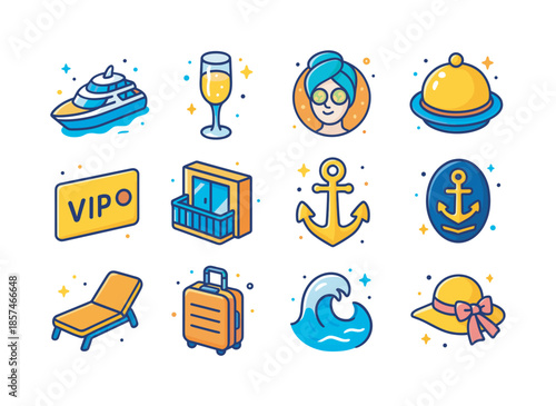 Luxury Cruise Icons. Luxury Cruises. Colorful isometric vector icons set of Luxury Cruises: luxury yacht, champagne glass, spa icon, gourmet dish, VIP card,