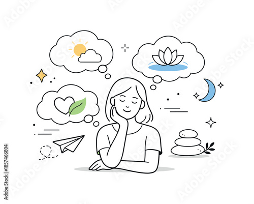Calm Mindfulness Illustration. Mental wellbeing. A person reflecting quietly, sitting or standing calmly with thought bubbles and soft icons symbolizing