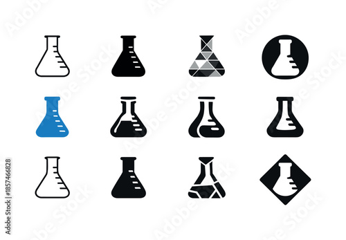 Volumetric Flask Icons. volumetric flasks. Icon set. Set Logo of volumetric flasks: flask with measurement marks. harmonious logo variations of the same