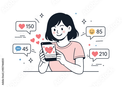 Heart-Themed Campaign. Romantic social media promotion. Person posting a heart-themed campaign on a phone with likes and comments appearing softly around.
