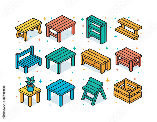 Colorful DIY Furniture Icons. DIY furniture from planks. Colorful isometric vector icons set of DIY furniture from planks: simple plank bench, plank coffee