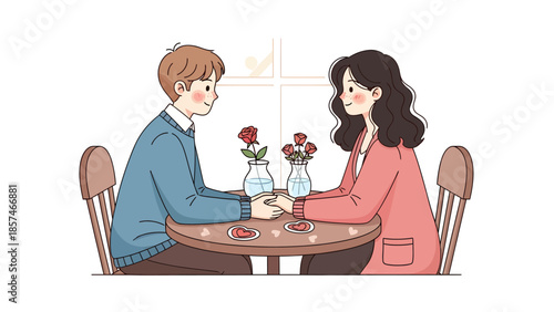 A romantic couple enjoys a cozy Valentine's Day dinner for two with heart-patterned gifts and roses on the table in a warm, intimate setting.