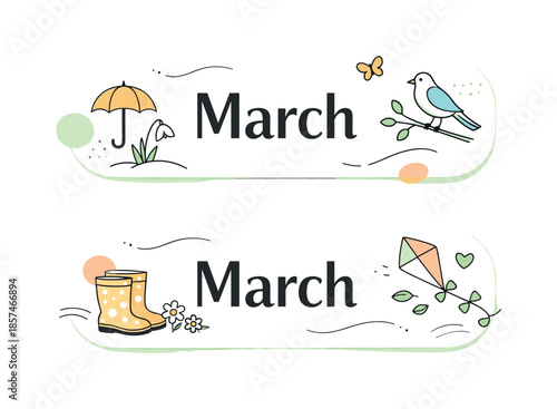 March Seasonal Banner. March seasonal banner templates. A soft editorial banner with rounded panels, floating abstract elements, and gentle shadows creating
