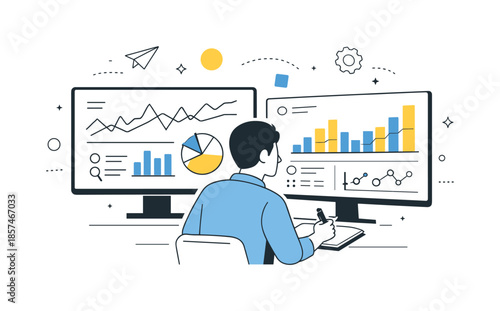 Analytical Workflow Illustration. Data analysis workflow. A focused analyst reviewing charts and dashboards on large screens, interpreting patterns and