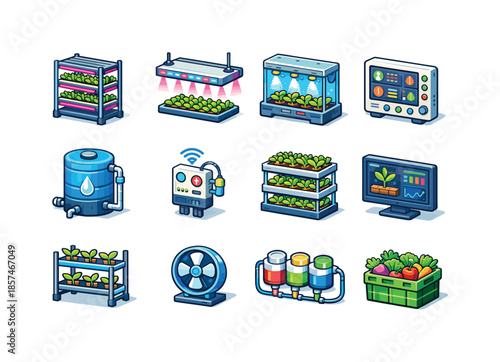 Vertical Farming Icons. Vertical farming. Colorful isometric vector icons set of vertical farming: stacked grow shelves, LED lights, nutrient mist system,