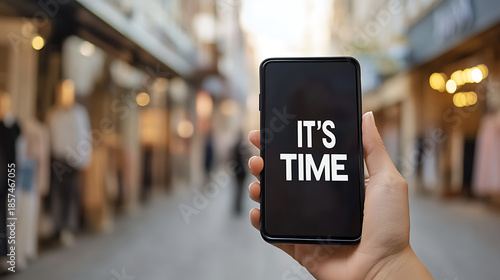 Wallpaper Mural Smartphone displaying 'It's Time' against a blurred outdoor shopping street backdrop. Time to shop and seize opportunities, presented in a modern, digital style. Torontodigital.ca