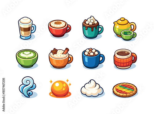 Isometric Warm Drinks Icons. Warm drinks. Colorful isometric vector icons set of warm drinks: latte, cappuccino, hot chocolate, herbal tea, matcha, chai latte,