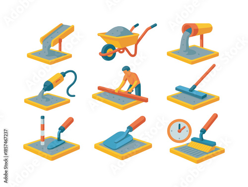 Concrete Icon Set. Concrete placement. Colorful flat vector icons set of concrete placement: concrete chute, wheelbarrow, pour section, vibrating tool,