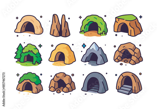Colorful Cave Icons. Cave entrances. Colorful isometric vector icons set of cave entrances: wide cave opening, narrow crevice entrance, mossy arch entrance,