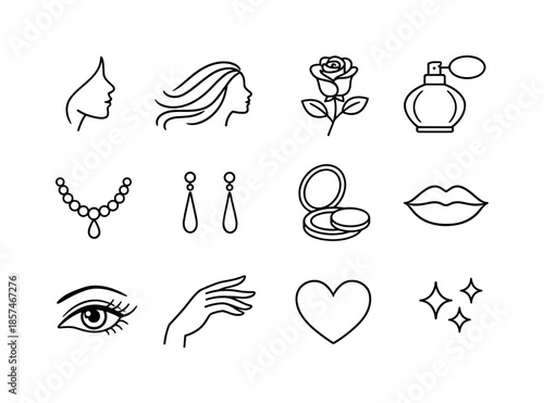Elegant Line Icons. Elegant femininity. Line icon set of Elegant femininity: face profile, flowing hair, rose flower, perfume bottle, necklace, earring,