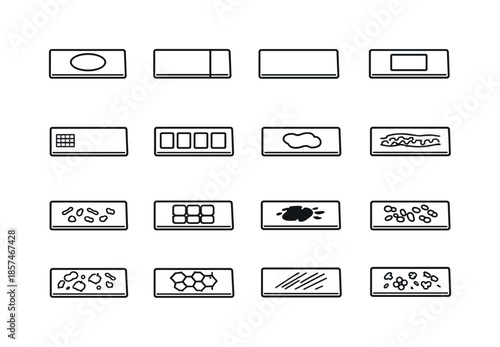 Microscope Slide Icons. Types of Microscope Slides. Line icon set of Types of Microscope Slides: concave slide, frosted-end slide, standard slide, adhesive