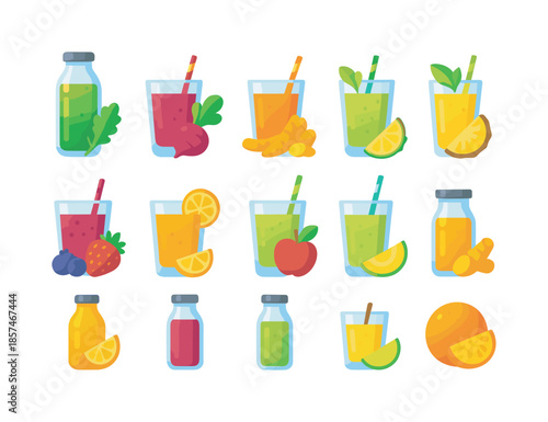 Colorful Juice Icons. Juice trends. Colorful flat vector icons set of juice trends: cold-pressed green juice, beetroot blend, carrot ginger juice, pineapple