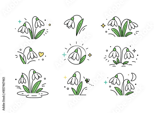 Minimalist Snowdrop Vectors. Snowdrop Flower Vectors. Abstract decorative snowdrop elements combined with dots and small lines, creating a light botanical