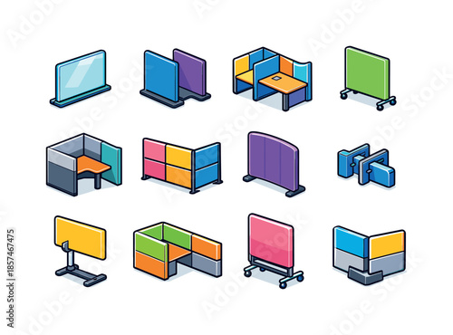 Office Partition Icons. Office partition screens. Colorful isometric vector icons set of office partition screens: frosted office divider, acoustic panel