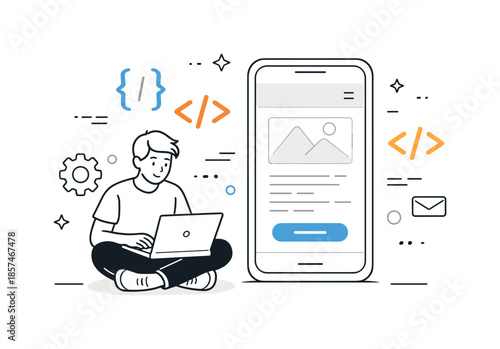 Mobile App Development. Coding a mobile app. Developer sitting with a laptop while code symbols and brackets appear next to a phone screen. Quiet focused work