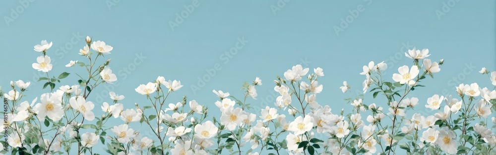 Obraz premium White flowers blooming against a bright blue sky background floral design