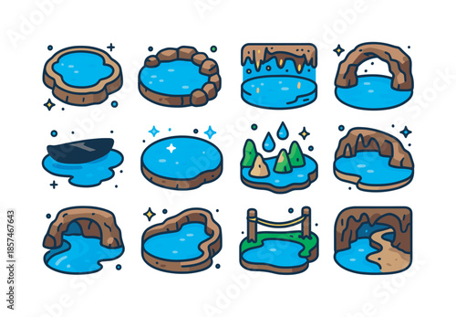 Isometric Cave Lake Icons. Underground lakes. Colorful isometric vector icons set of underground lakes: calm water pool, stone shore, reflective ceiling, rock