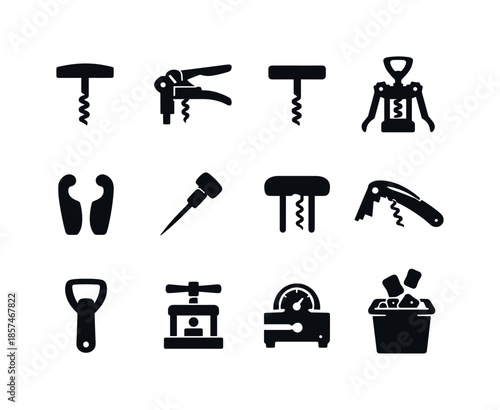 Cork Tools Icons. Cork tools. Solid icon set of cork tools: corkscrew, lever opener, twist handle opener, wing corkscrew, foil cutter, extraction needle, cork