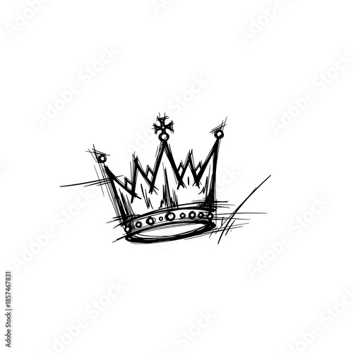 A hand-drawn, sketchy black and white illustration of a crown with a rough, scribbled texture.