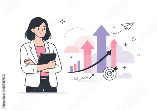 Empowered Leadership Illustration. Women in Leadership. A minimal editorial scene showing a female figure holding a document or tablet, with upward arrows and