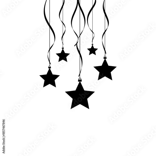 Five black stars hanging from wavy ribbons against a white background, minimalist graphic design.